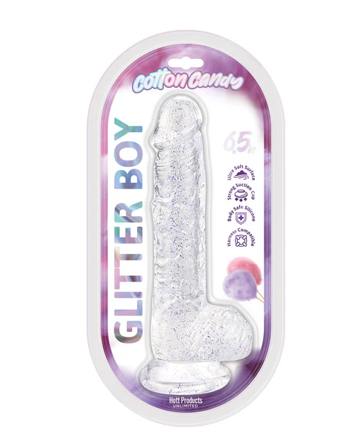 Cotton Candy Glitter Boy Jelly Glitter Dildo 6.5 in. Clear